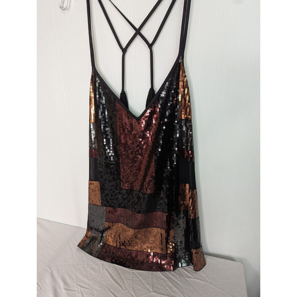 VTG Express 90s Y2K Sequin Cami Top Womens L Chocolate Black Retro Boho Party